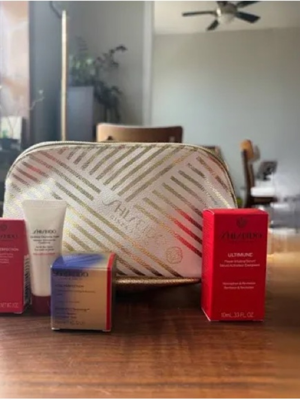 Shiseido Gold Metallic Striped Cosmetic Pouch with Skincare Minis